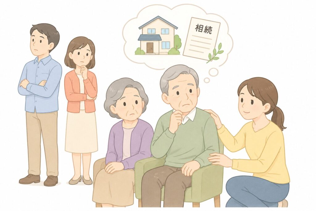 高齢の親が悩んで座っており、1人の子どもが寄り添ってサポートする一方、他の子どもは少し距離を置いている家族のイラスト