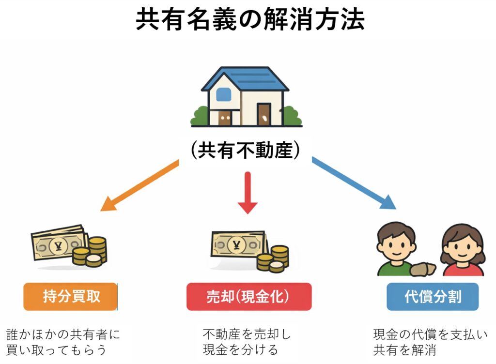 共有名義不動産の解消方法を示す図。中央の共有不動産から「持分買取」「売却（現金化）」「代償分割」の3つの方法に分岐している。持分買取は他の共有者に持分を買い取ってもらう方法、売却は不動産を売って現金化する方法、代償分割は一部の共有者が現金を支払って単独所有にする方法を示している。