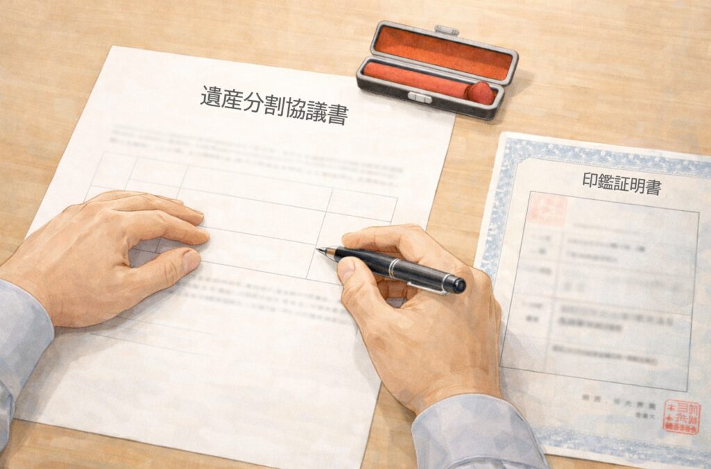 遺産分割協議書に署名・押印している手元と実印・印鑑証明書のイメージ