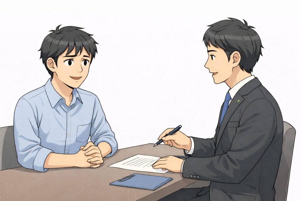 行政書士に相談し、安心した表情で説明を聞く男性のイラスト