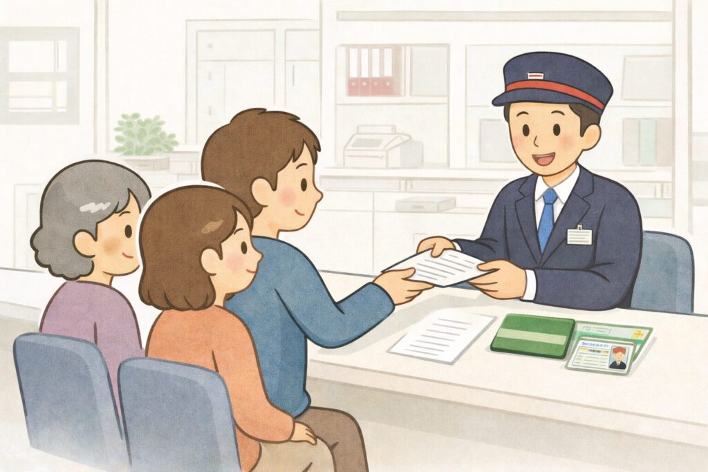 郵便局または銀行の窓口で相続手続きをしている様子。利用者が書類を提出し、職員が丁寧に対応している場面を描いたイラスト。