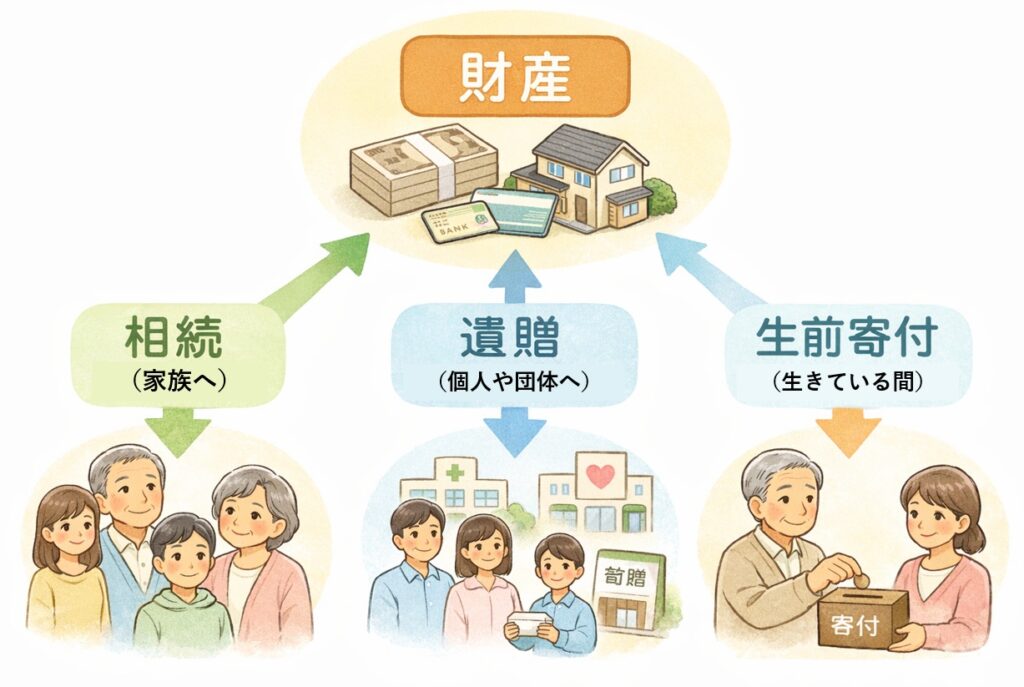 相続・遺贈・生前寄付の違いを示した図解。財産が家族・個人や団体・生前寄付に分かれる流れを説明している