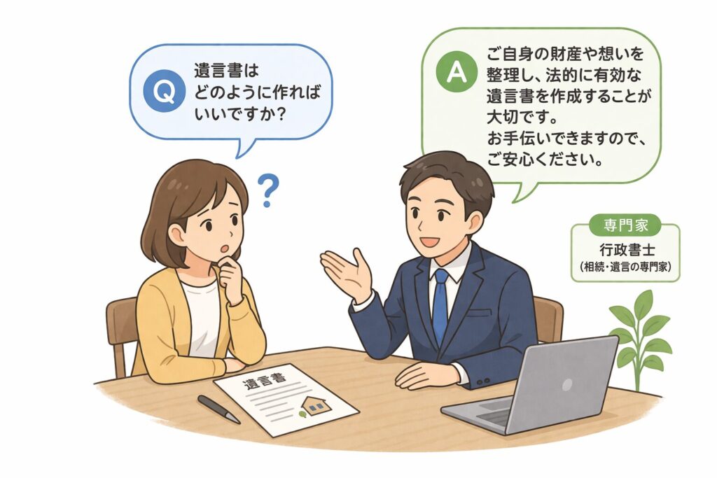 相続や遺言について相談する日本人の人物と専門家のイラスト。相談者が質問し、スーツ姿の専門家が分かりやすく説明している。