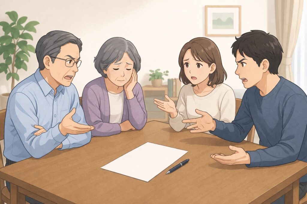 遺言書をめぐって家族が話し合いで対立している様子のイラスト。テーブルを囲んだ日本人家族が困った表情で意見を交わしている。