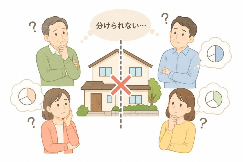 一つの家を複数人で分けられず困っている様子を示したイラスト。家の中央に分割線とバツ印があり、周囲の人物が悩んでいる