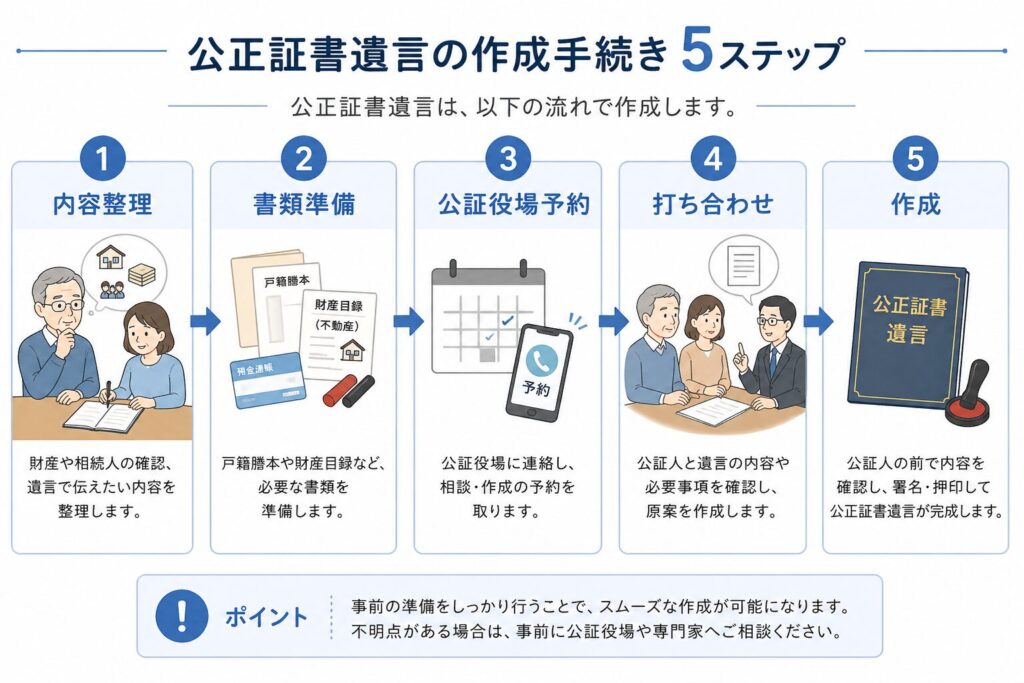 公正証書遺言の作成手続きを5ステップ（内容整理・書類準備・予約・打ち合わせ・作成）で示した図解