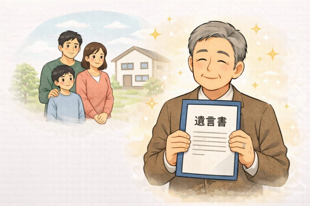 公正証書遺言を作成し安心している高齢者と、その後ろで穏やかに見守る家族の様子を描いたイラスト。