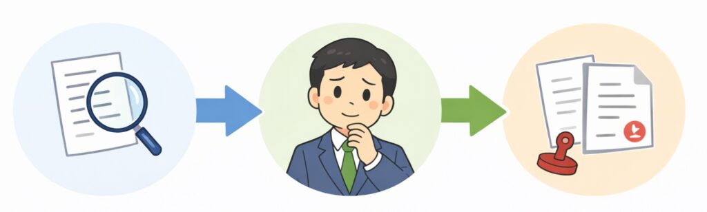 相続手続きの流れを調査・判断・手続きの3ステップで示したシンプルなイラスト