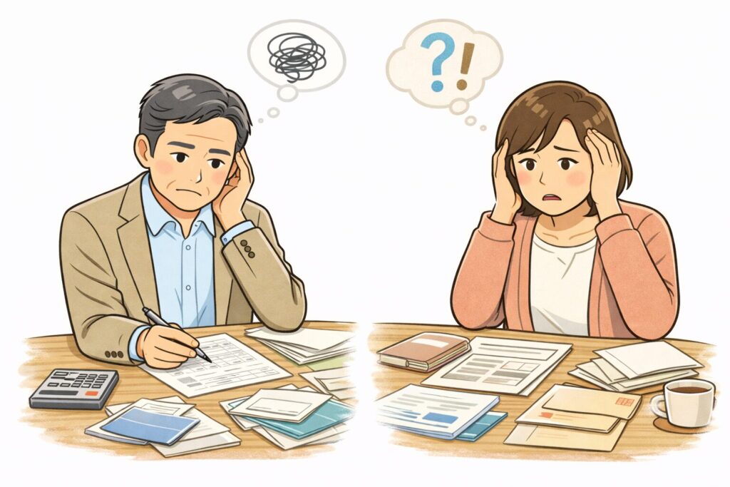 相続手続きに必要な書類が多く、どう進めればよいか悩んでいる日本人の男女のイラスト