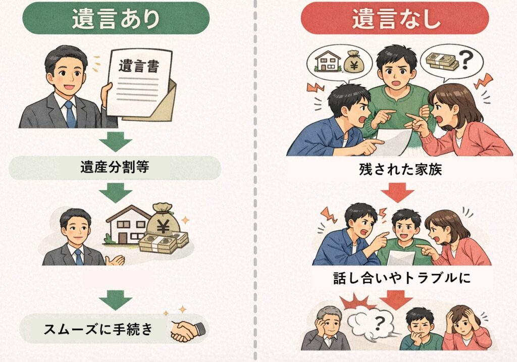 遺言書がある場合とない場合の違いを比較した図。遺言ありは手続きがスムーズに進み、遺言なしは家族の話し合いでトラブルになる様子を対比。