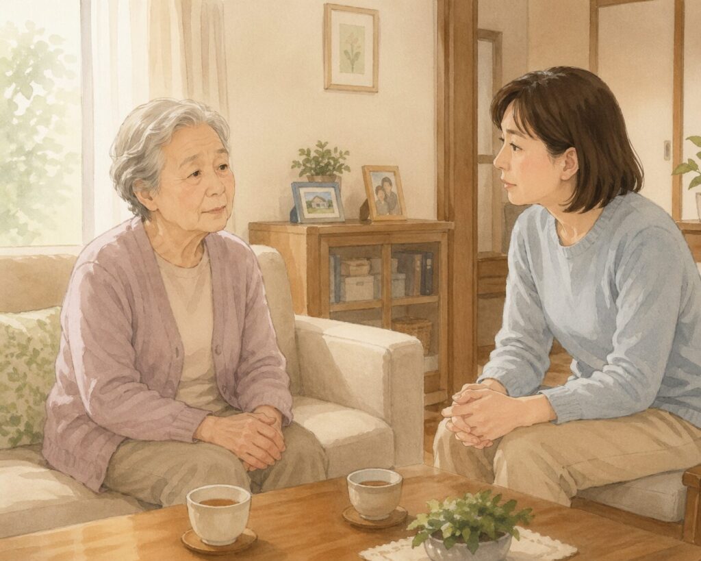 高齢の親と中年の子どもがリビングで向かい合い、穏やかだが少しぼんやりした親を子どもが心配そうに見守っている様子