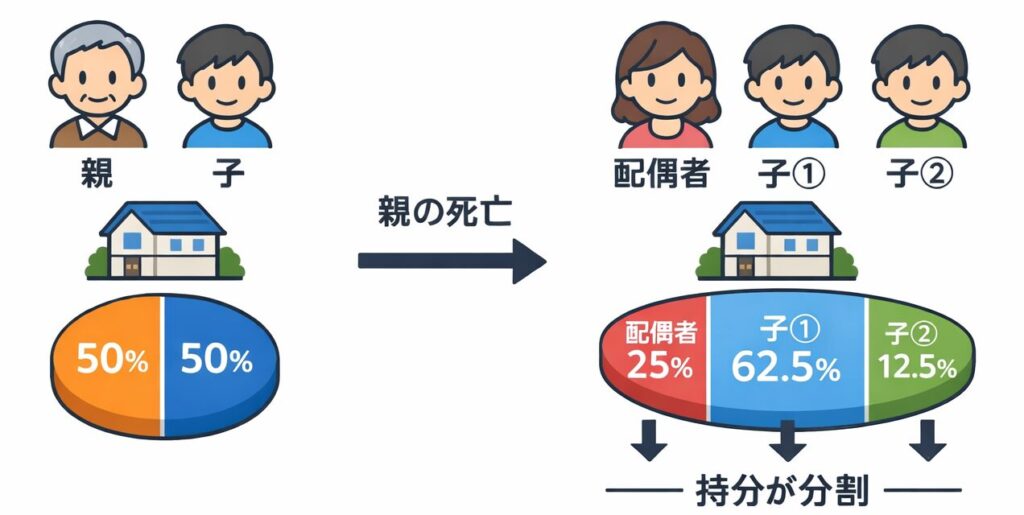 不動産の共有名義における相続の流れを示す図。親と子が各50％ずつ所有していた不動産について、親の死亡後、その持分50％が配偶者25％、子①12.5％、子②12.5％に分割され、子①は合計62.5％、配偶者25％、子②12.5％の共有状態になる様子を示している。