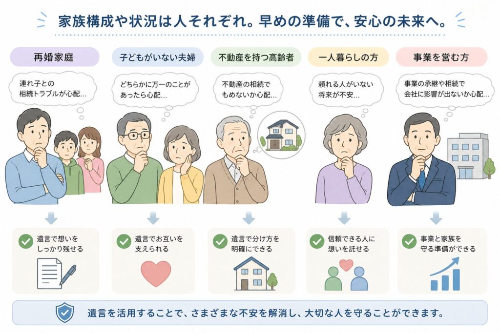 家族構成の違いによる相続の悩みと解決を示すイラスト。