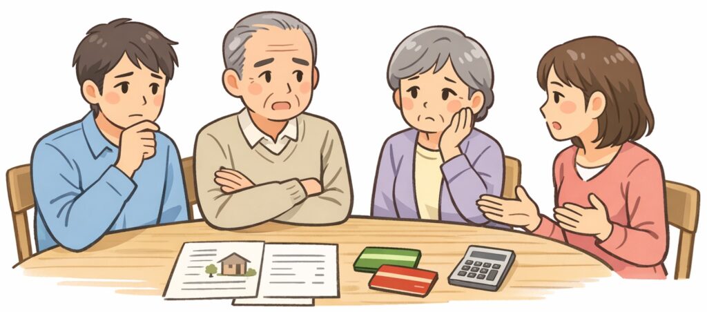 相続について話し合う日本人家族のイラスト。高齢の両親と成人した子ども2人がリビングで書類や通帳を前に悩んでいる様子。