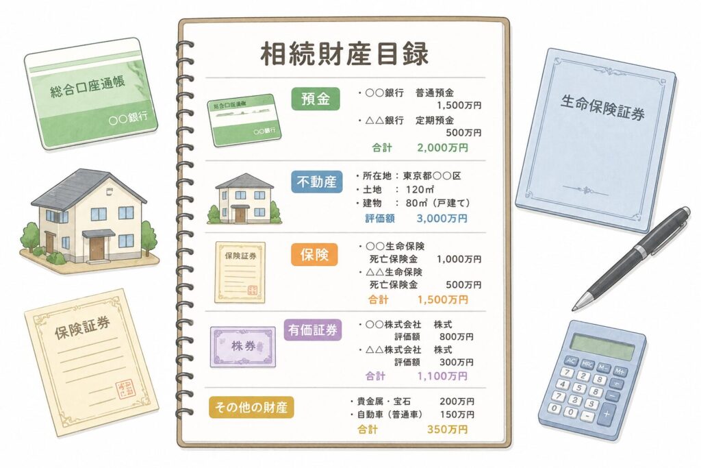 相続財産を整理した目録のイラスト。預金・不動産・保険などがリスト化され、通帳や家、保険証書のアイコンで分かりやすく示されている