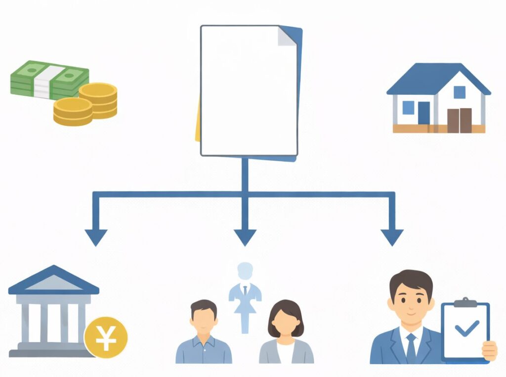 遺言でできることをアイコンで示した図解イラスト（財産分割・不動産・預金・遺贈・遺言執行者）