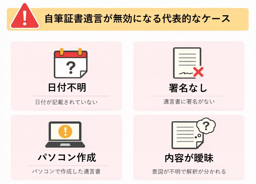 自筆証書遺言が無効になる代表的なケースを示した図解。日付不明、署名なし、パソコン作成、内容が曖昧といった典型的なミスをアイコン付きで解説