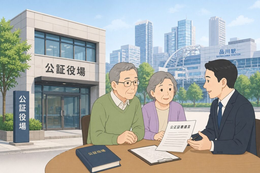 公証役場で高齢者と専門家が公正証書遺言について相談している様子