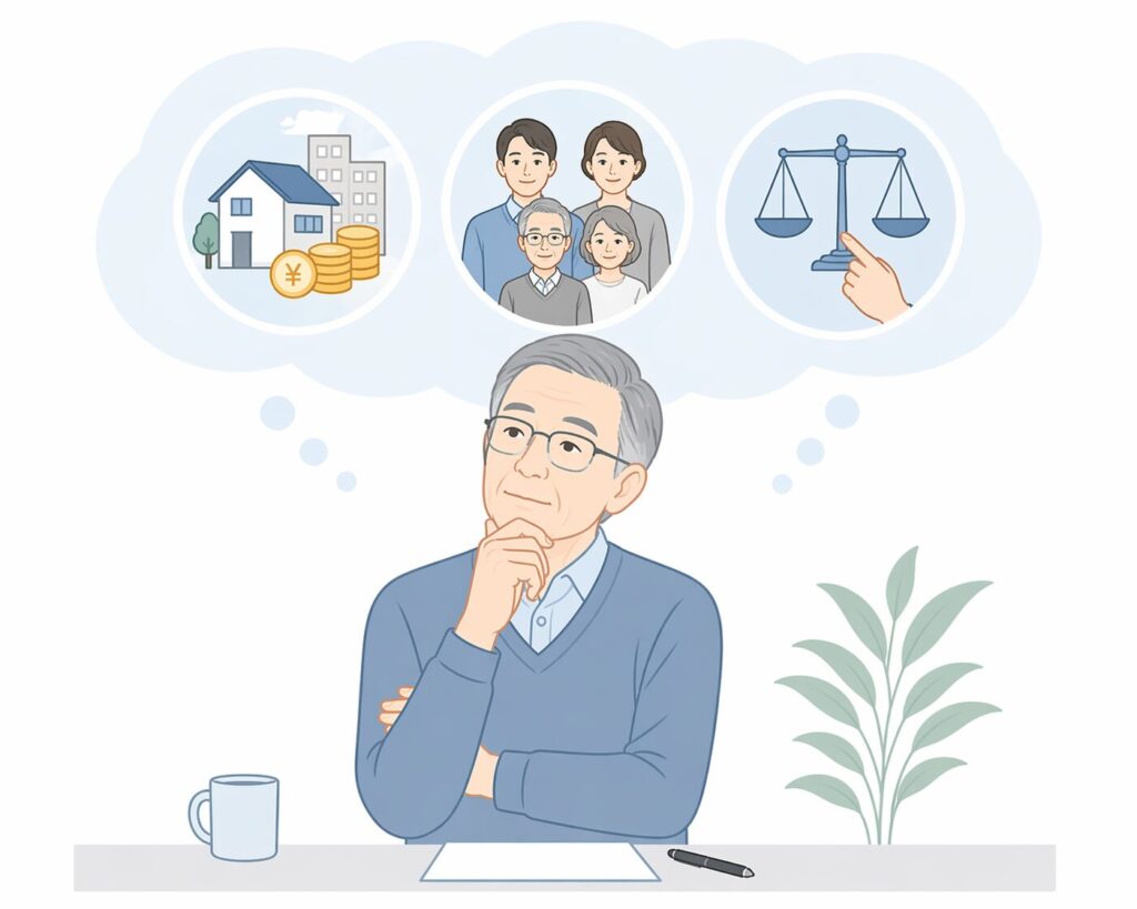 財産・家族・判断について整理しながら考えている日本人の高齢男性のイメージ