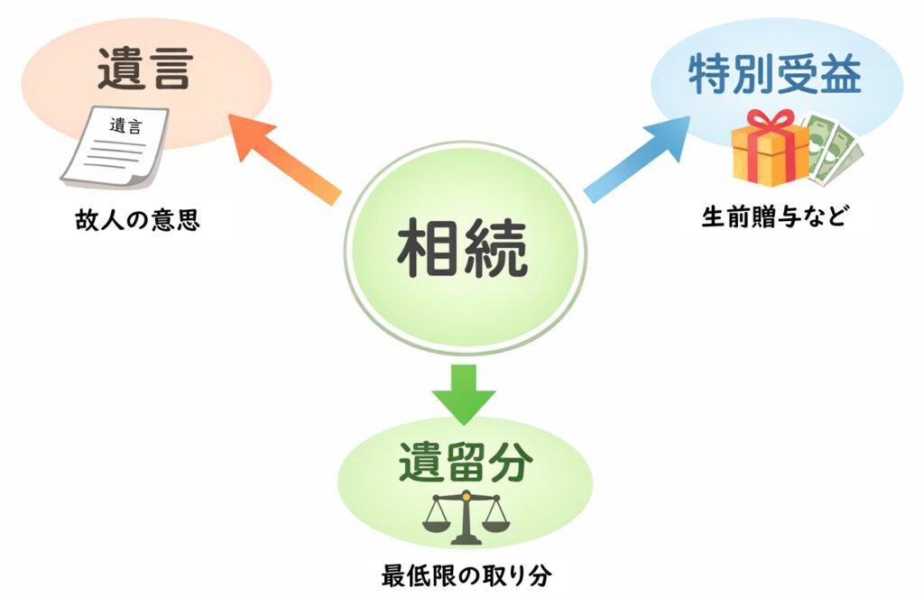 相続における遺言・特別受益・遺留分の関係を示した図解。中央に相続を配置し、遺言（分け方の指定）、特別受益（生前贈与）、遺留分（最低限の取り分）が矢印でつながっている。