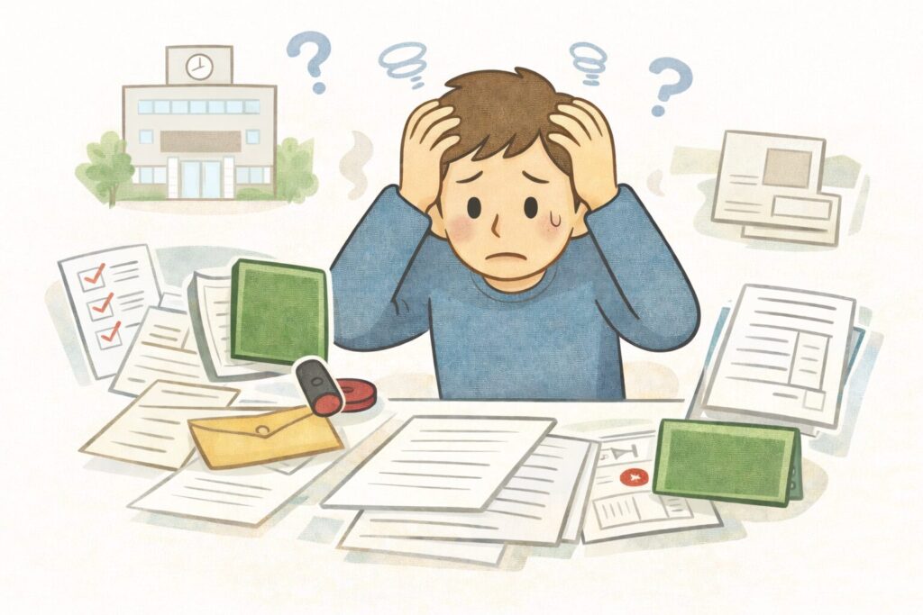 相続手続きの書類に囲まれて困っている人物のイラスト。戸籍や各種書類が多く、手続きの大変さを表現している。