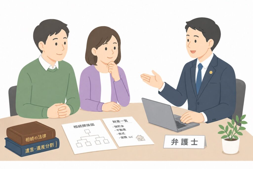相続問題について弁護士に相談し、安心して話を聞く日本人の男女のイラスト