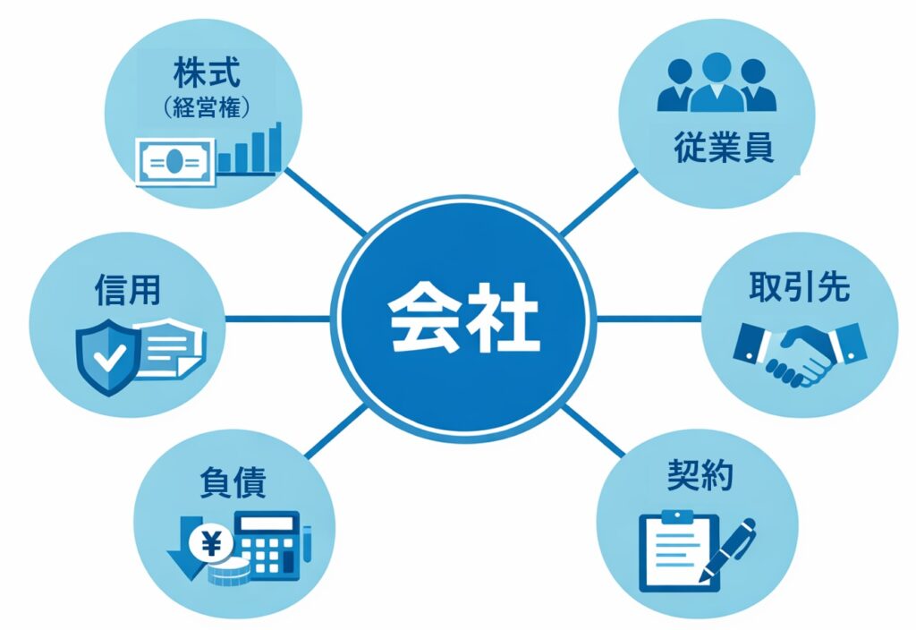 会社を中心に、株式（経営権）、従業員、取引先、契約、負債、信用の関係を示したシンプルな図解