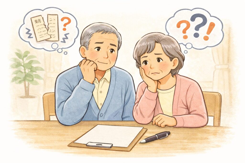 遺言や寄付の手続きに悩む高齢の日本人夫婦が、書類を前に困っている様子