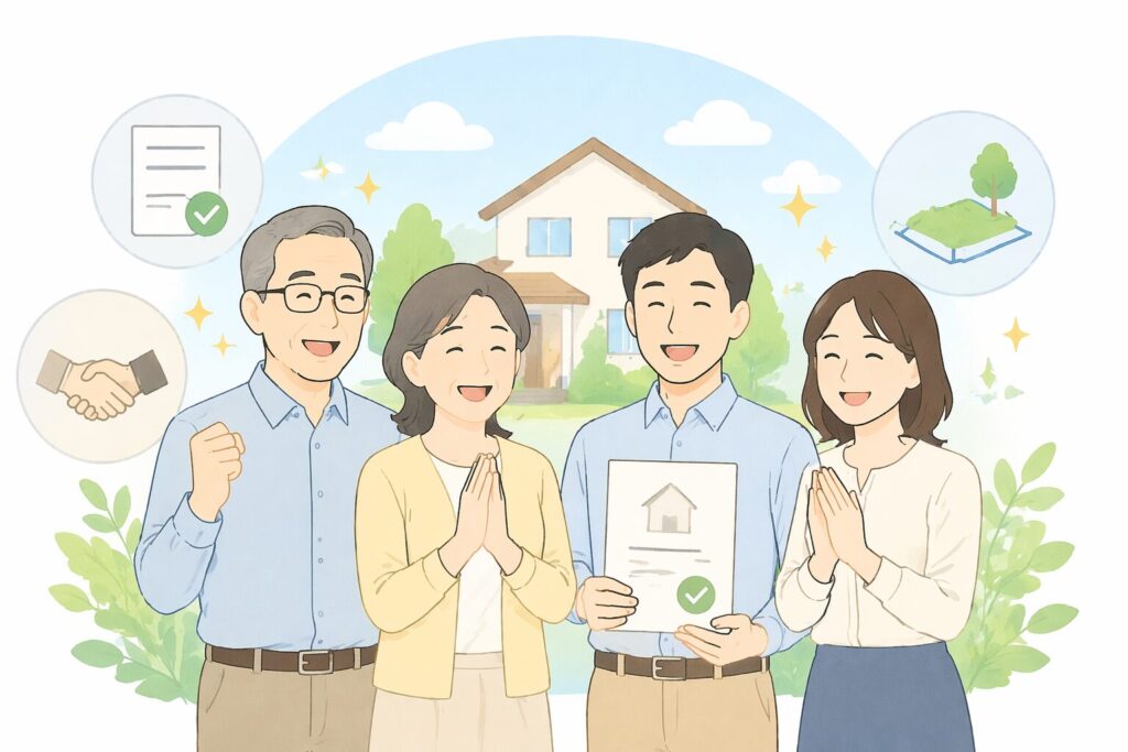 共有名義の不動産問題が解決し、安心した表情で喜んでいる家族の様子