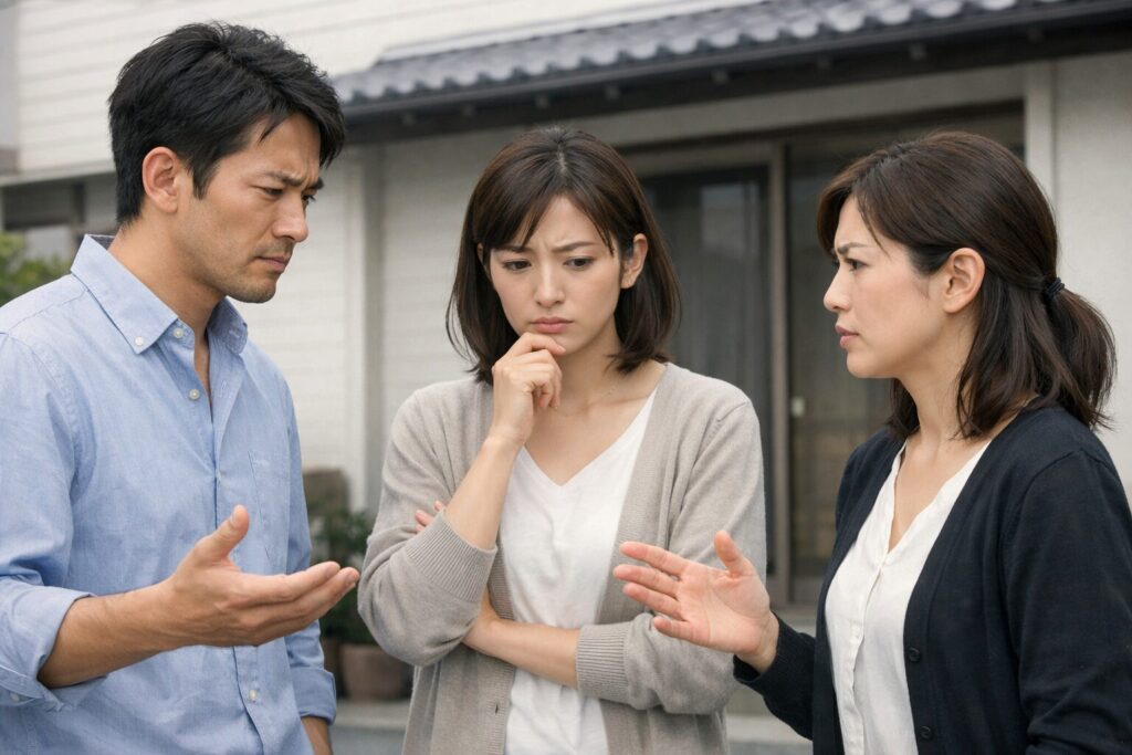 相続した実家の前で、兄弟が不動産の扱いについて意見がまとまらず困っている様子