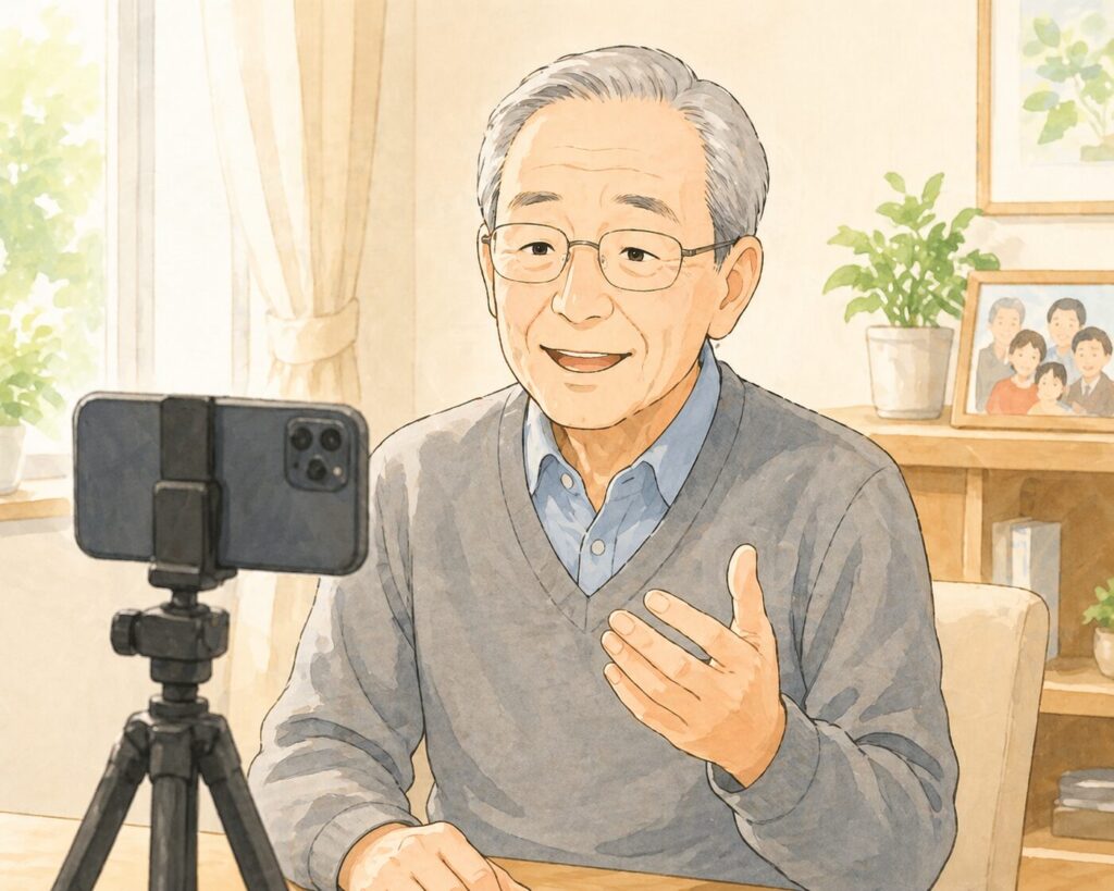 スマートフォンに向かって穏やかに話し、家族へメッセージ動画を撮影している高齢者