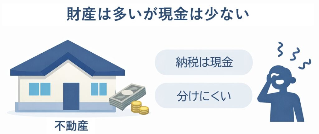 相続における不動産問題を示した図解。財産は多いが現金が少ない状態を、家と現金の対比で表現し、納税は現金・分けにくいという課題を示している。
