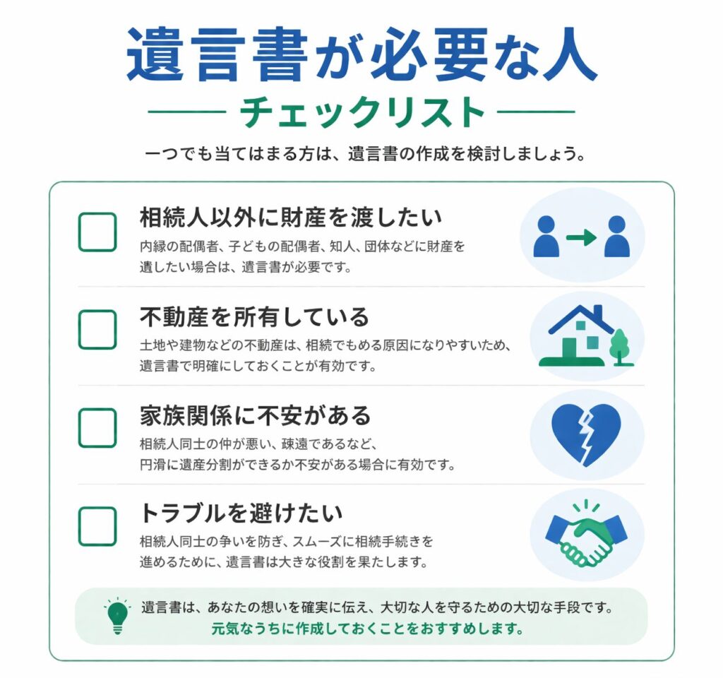 遺言書が必要な人のチェックリストを示した図。相続人以外に財産を渡したい、不動産を所有している、家族関係に不安がある、トラブルを避けたいといった項目をチェック形式でまとめている。
