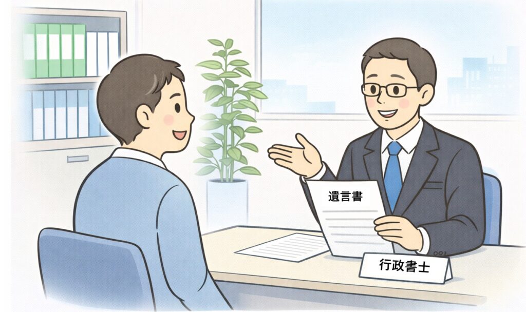 行政書士に相談している様子のイラスト。相談者が安心した表情で話を聞き、専門家が丁寧に説明しているシーン