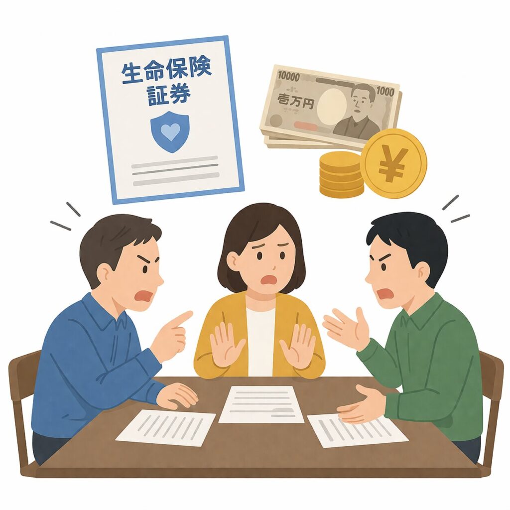 相続をめぐり家族が話し合いで対立している様子のイラスト。テーブルを囲んで兄弟と配偶者が意見をぶつけ合い、背景に生命保険やお金のアイコンが配置されている。
