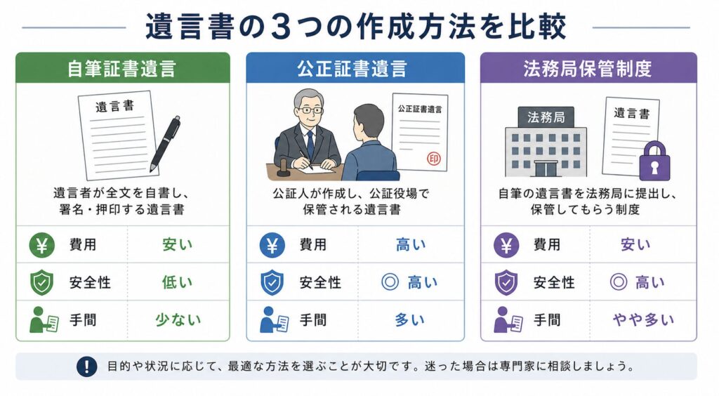 遺言書の3つの作成方法(自筆証書遺言・公正証書遺言・法務局保管制度)を費用・安全性・手間で比較した図解