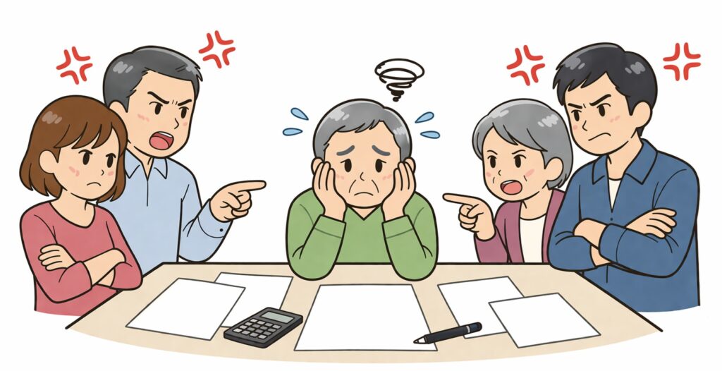 遺産分割をめぐって家族が対立している様子のイラスト。怒っている家族と困っている人物が、書類を挟んで話し合いがまとまらず揉めている場面。