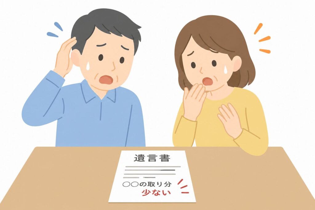 遺言書を見て取り分の少なさに驚き、困惑している日本人の男女