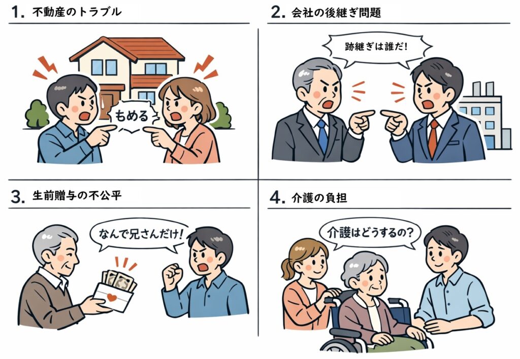 相続トラブルの典型例を4つのシーン（不動産・会社経営・生前贈与・介護）で示した図解