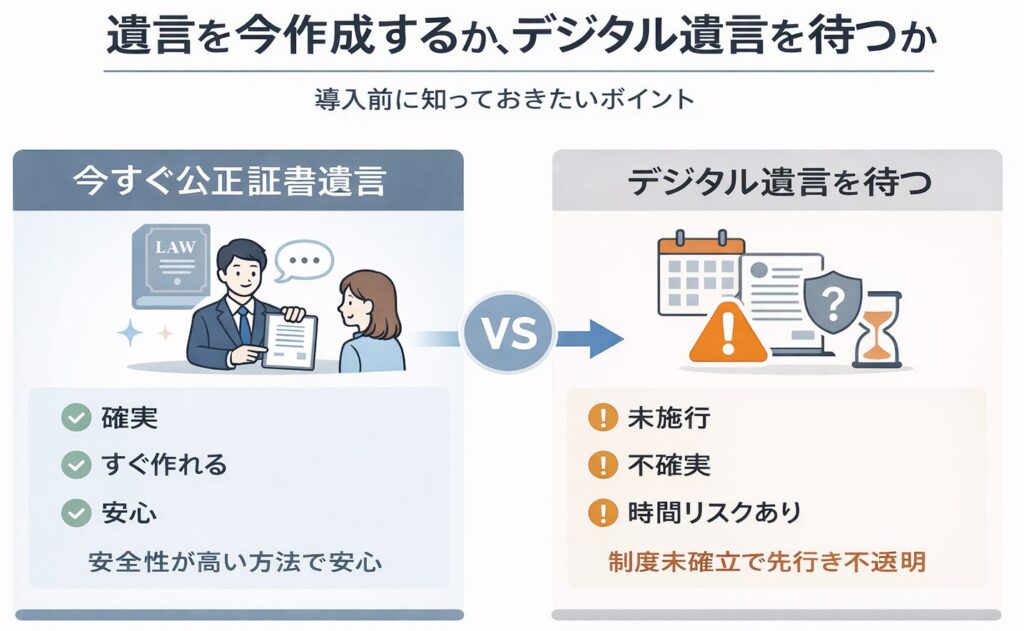 遺言を今すぐ公正証書で作成する場合とデジタル遺言を待つ場合を比較した図解。確実性とリスクの違いを説明