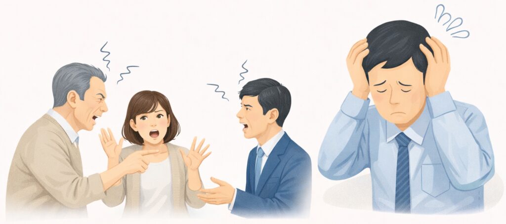 相続をめぐり口論する家族と、悩んでいる人物を描いたイラスト