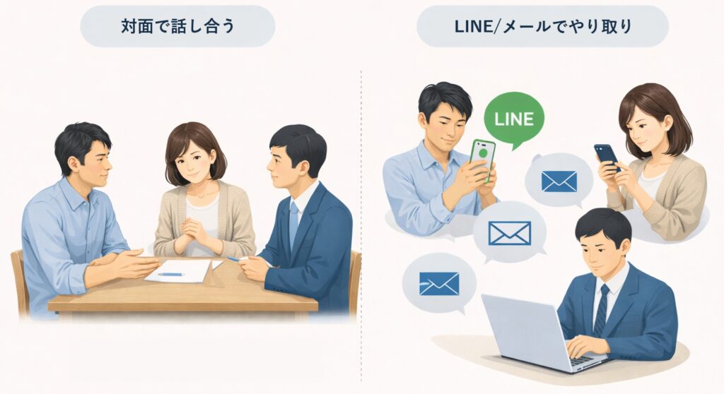 相続人同士の話し合いを対面とオンライン（LINE・メール）で比較した図解