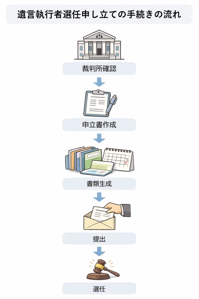 遺言執行者選任申立ての手続きの流れを示した図解。裁判所確認から申立書作成、書類収集、提出、選任までの5ステップを順に説明している