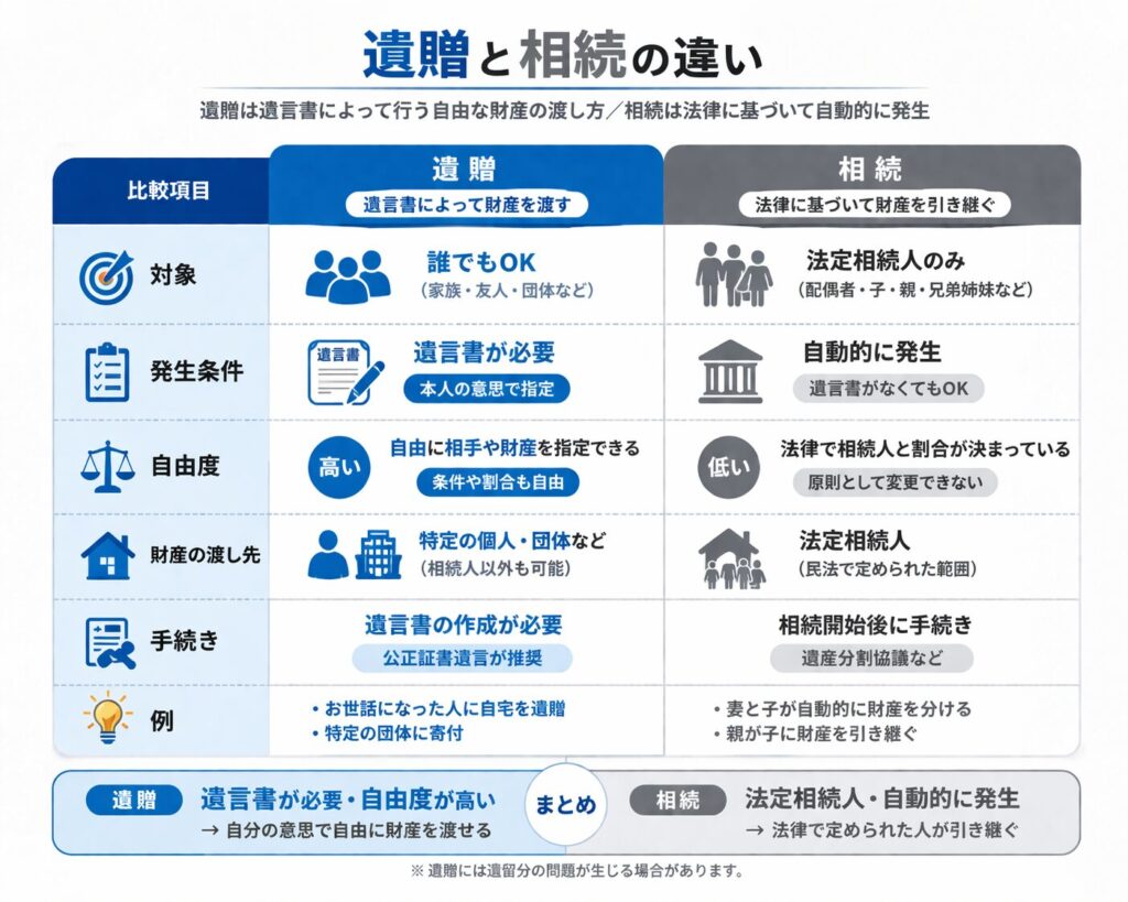 遺贈と相続の違いを比較した日本語図解。対象、発生条件、自由度、財産の渡し先、手続きなどを表形式で整理し、遺贈は遺言書が必要で自由度が高く、相続は法定相続人に自動的に発生する仕組みを説明している。