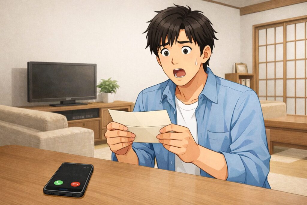 離婚して疎遠だった父の死亡と相続の連絡に戸惑う30代男性が封筒を見て驚いている様子