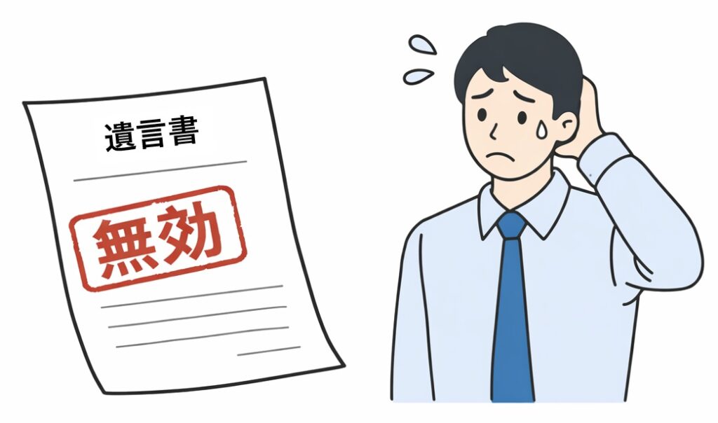 遺言書にミスがあると無効になるリスクを示し、困っている人物の様子を描いた図解