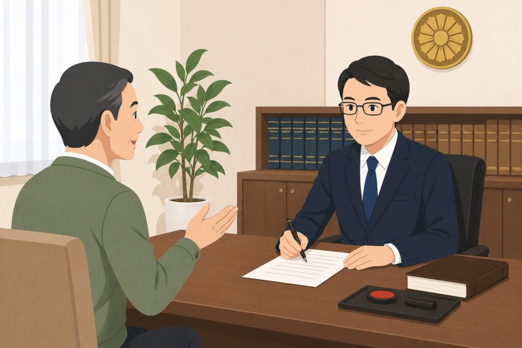 公正証書遺言の作成場面。一般の男性が公証人に遺言内容を説明し、公証人が書類を作成している様子