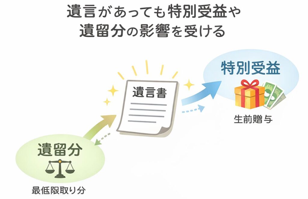 遺言書があっても特別受益や遺留分の影響を受ける関係を示した図解。中央の遺言書に対し、特別受益（生前贈与）と遺留分（最低限の取り分）が矢印で影響を与えている様子を表している。