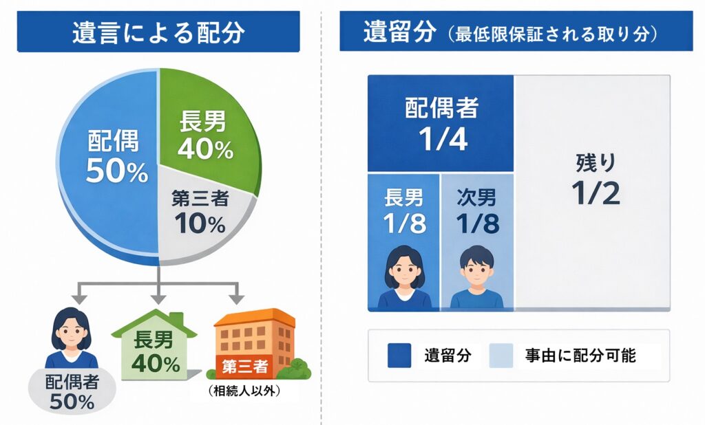 遺産の分配と遺留分の違いを示した図解。遺言による配分（配偶者50%、長男40%、第三者10%）と、遺留分（配偶者1/4、長男1/8、次男1/8、残り1/2は自由）を比較している。