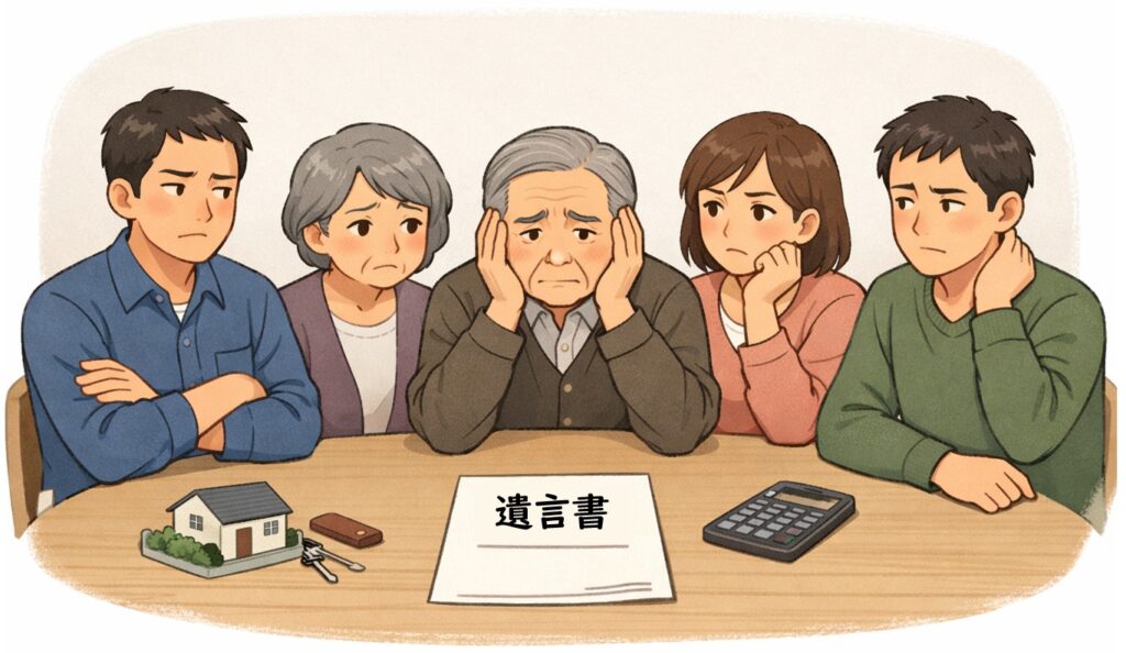 相続について話し合う日本人の家族。中央に高齢の親が座り、周囲の子どもたちが不安や困惑した表情でテーブル上の遺言書を見つめている様子
